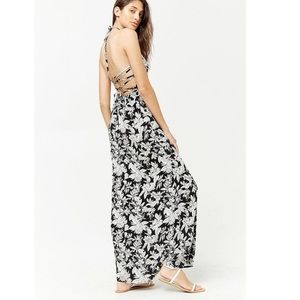 Floral Black & White Open Back Maxi Dress
